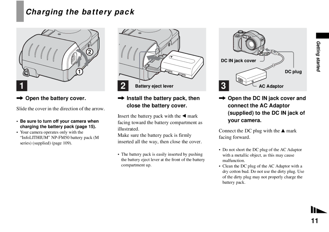 Sony MVC-CD350 Charging the battery pack, Open the battery cover, Slide the cover in the direction of the arrow 