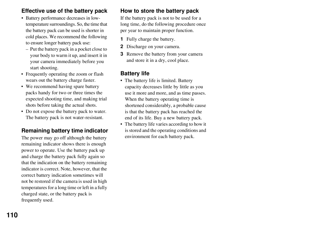 Sony MVC-CD350 110, Effective use of the battery pack, Remaining battery time indicator, How to store the battery pack 