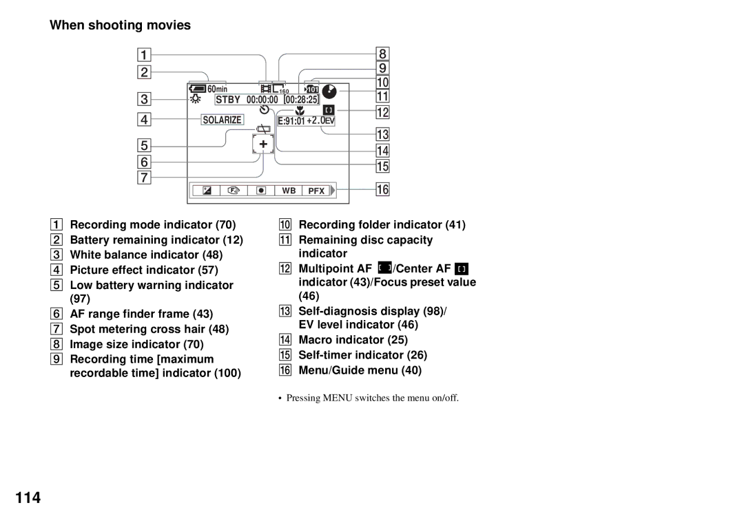 Sony MVC-CD350 operating instructions 114, When shooting movies, Self-timer indicator 26 P Menu/Guide menu 