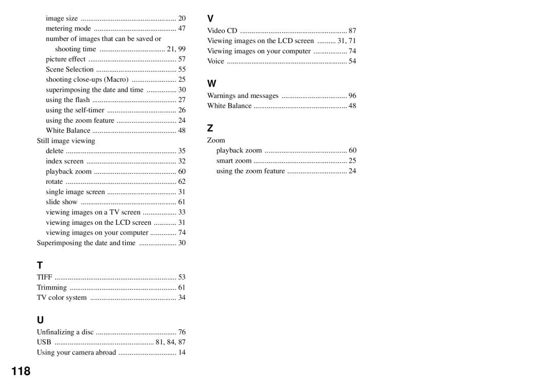 Sony MVC-CD350 operating instructions 118, Usb 