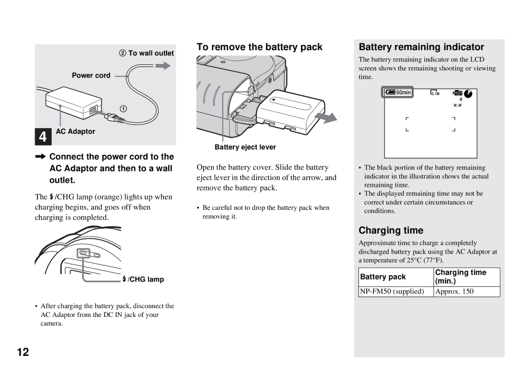 Sony MVC-CD350 operating instructions Battery pack Charging time Min, CHG lamp 