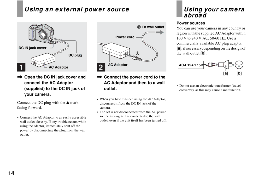 Sony MVC-CD350 operating instructions Using an external power source Using your camera abroad, Power sources 