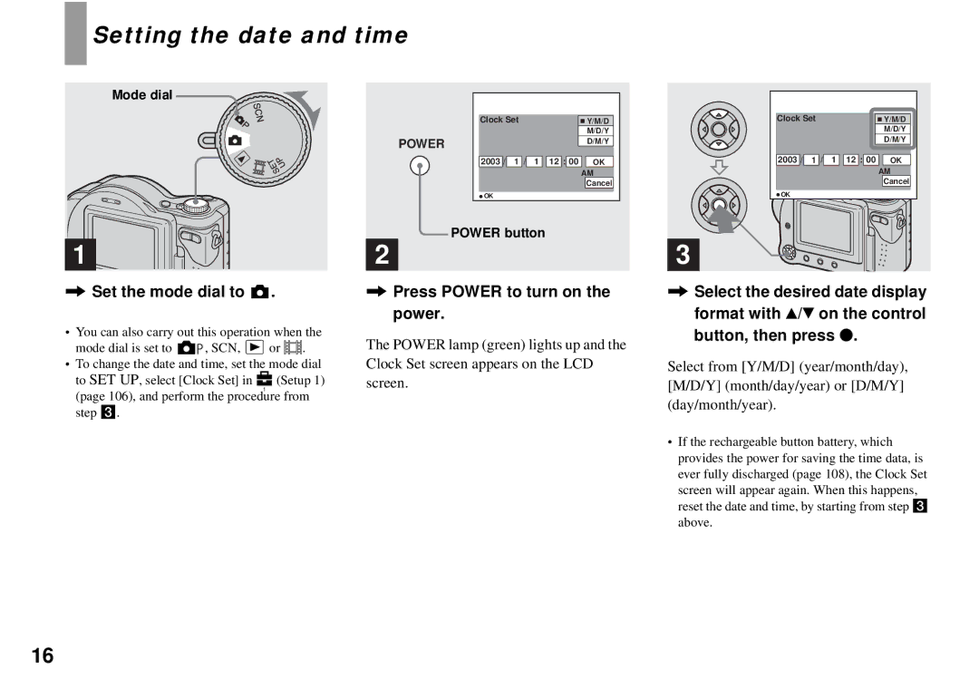 Sony MVC-CD350 operating instructions Setting the date and time, Set the mode dial to 