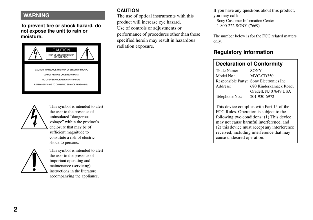 Sony MVC-CD350 operating instructions Regulatory Information Declaration of Conformity 