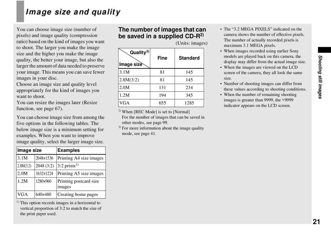 Sony MVC-CD350 Image size and quality, Number of images that can be saved in a supplied CD-R2, Image size Examples 