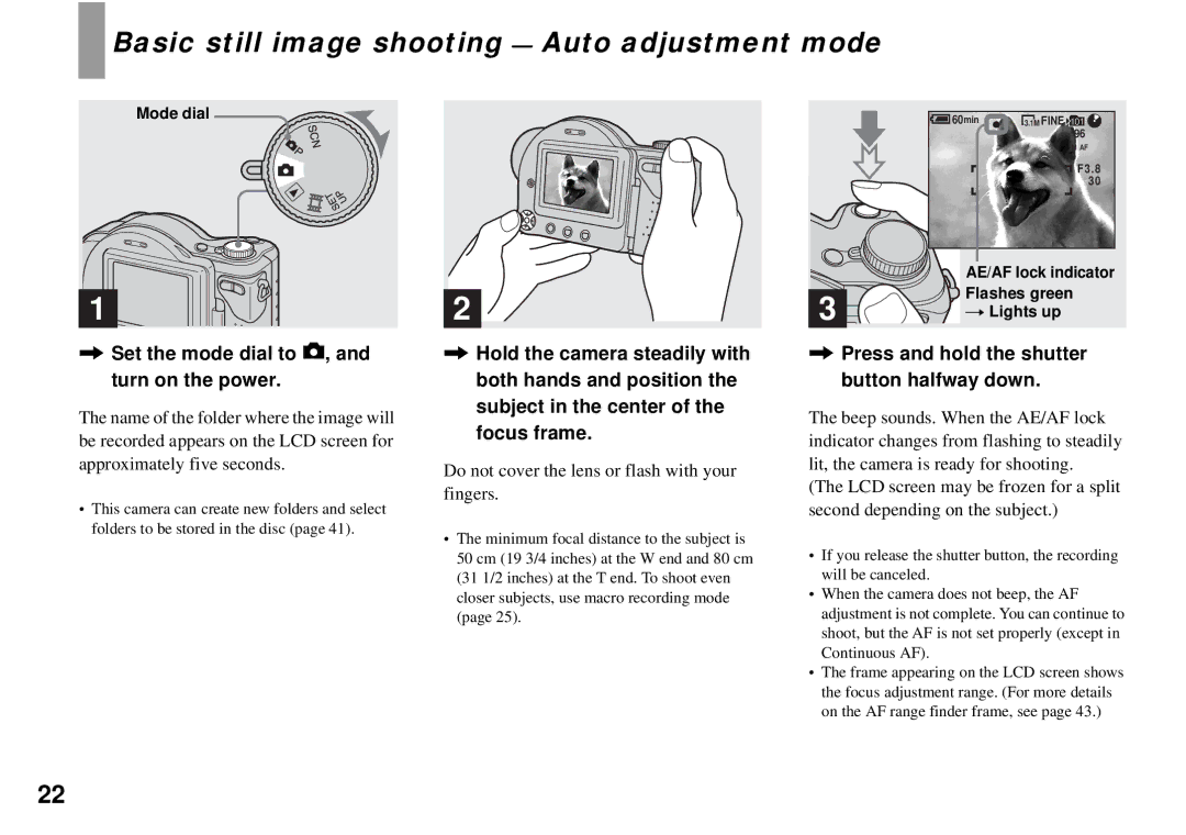 Sony MVC-CD350 Basic still image shooting Auto adjustment mode, Set the mode dial to , and turn on the power 