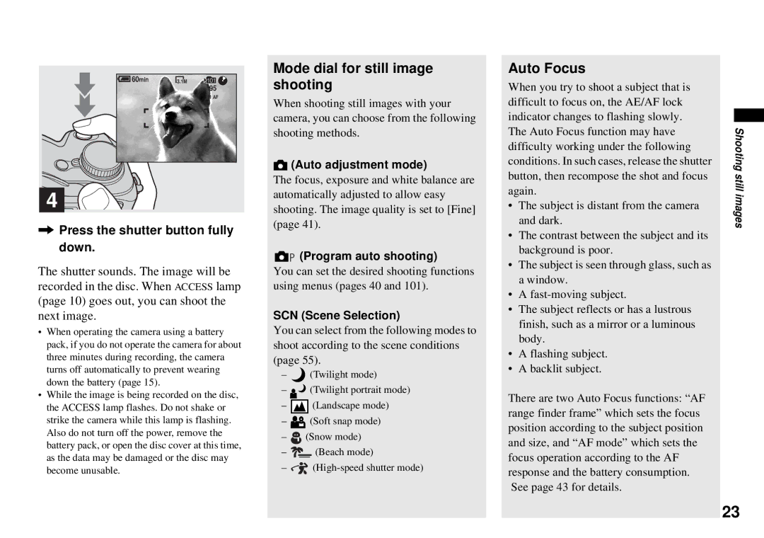 Sony MVC-CD350 Press the shutter button fully down, Auto adjustment mode, Program auto shooting, SCN Scene Selection 