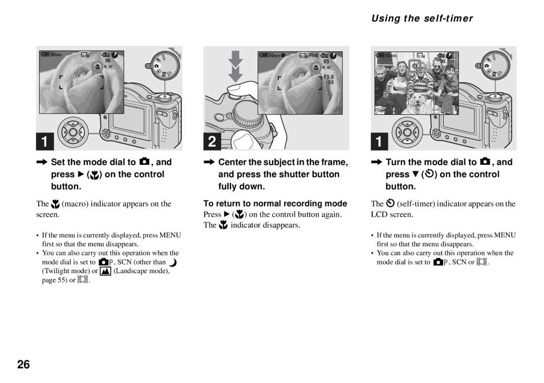 Sony MVC-CD350 operating instructions Using the self-timer, To return to normal recording mode, Indicator disappears 