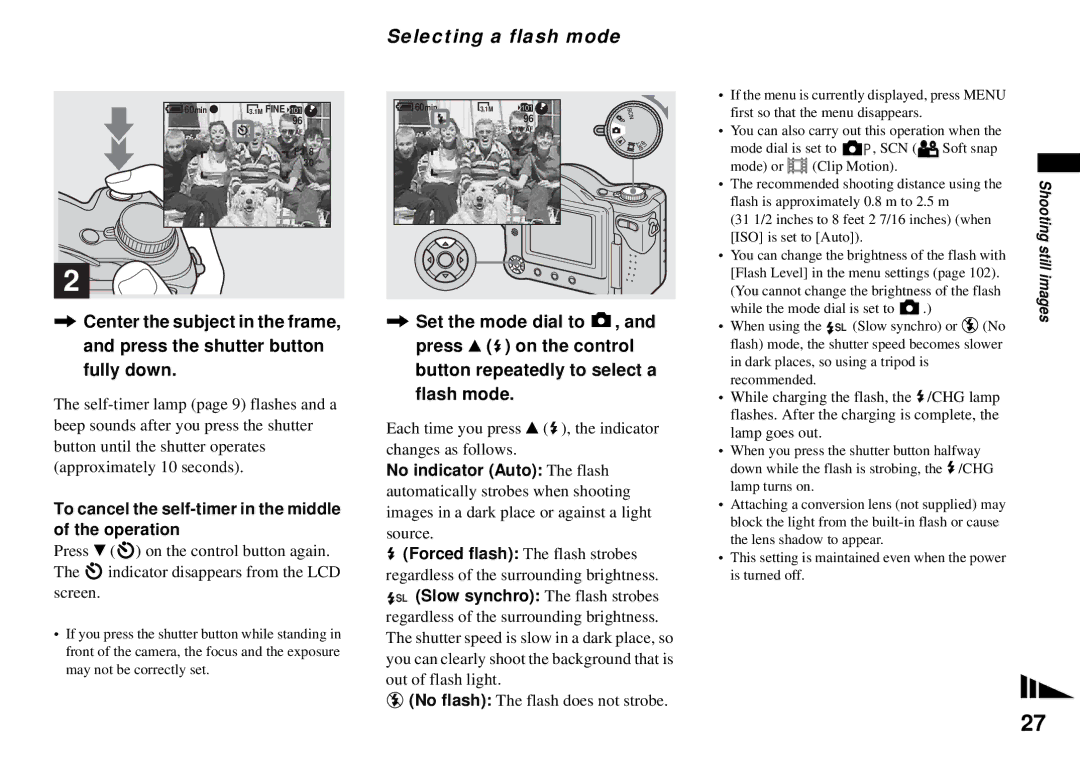 Sony MVC-CD350 operating instructions Selecting a flash mode, To cancel the self-timer in the middle of the operation 