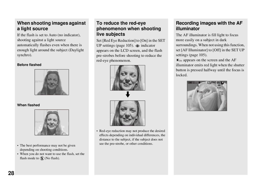 Sony MVC-CD350 operating instructions To reduce the red-eye phenomenon when shooting live subjects 