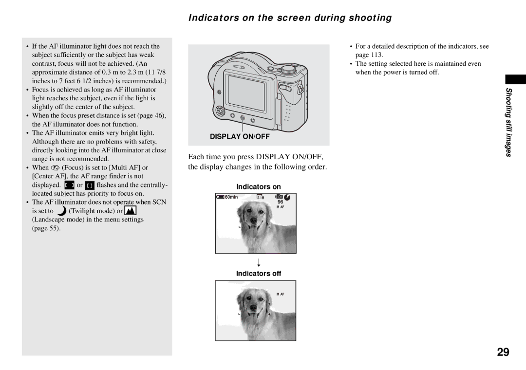 Sony MVC-CD350 operating instructions Indicators on the screen during shooting 