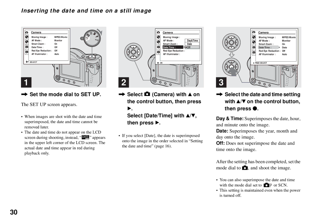 Sony MVC-CD350 Inserting the date and time on a still image, Set the mode dial to SET UP, SET UP screen appears 