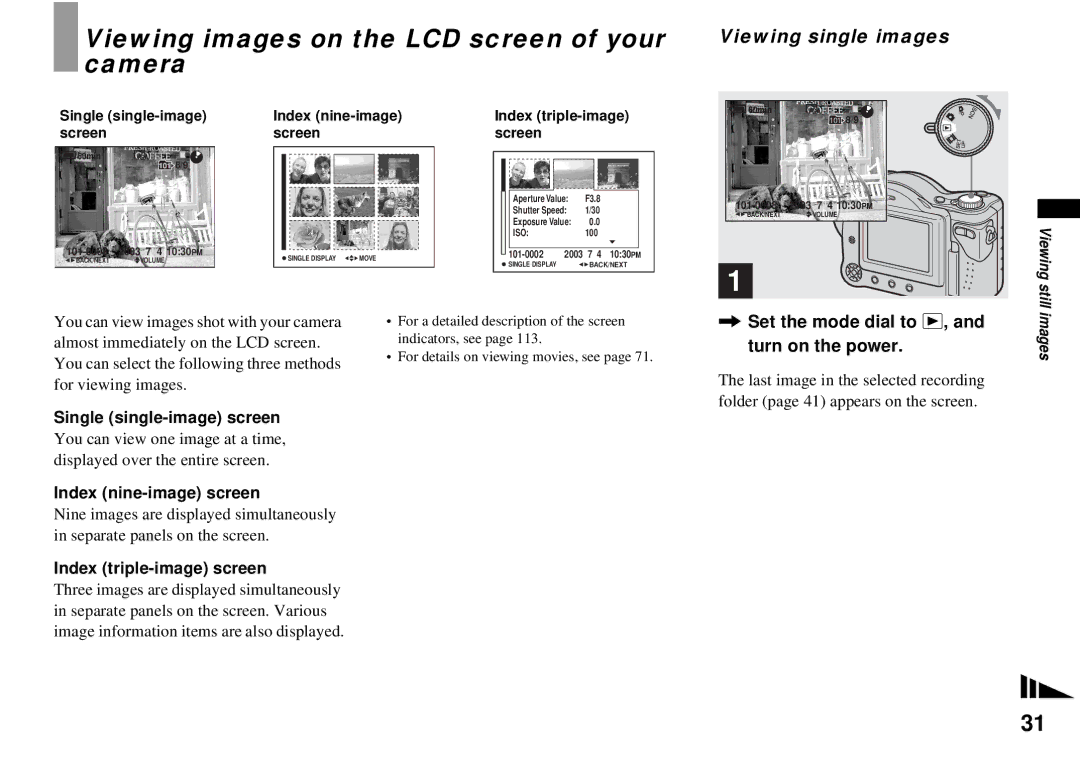 Sony MVC-CD350 Viewing images on the LCD screen of your camera, Viewing single images, Single single-image screen 