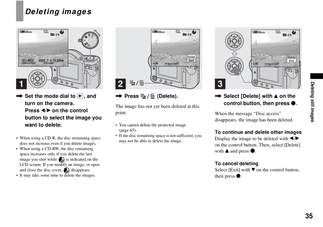 Sony MVC-CD350 Deleting images, Press Delete, Select Delete with v on the control button, then press z, To cancel deleting 