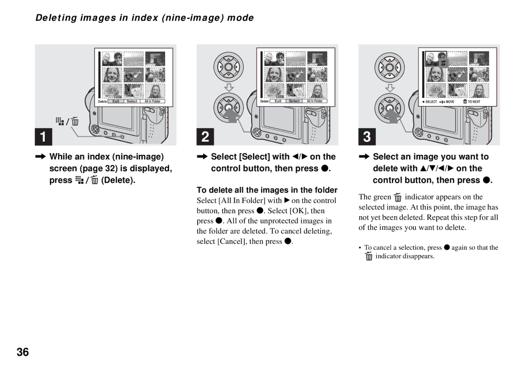 Sony MVC-CD350 operating instructions Deleting images in index nine-image mode, Green indicator appears on 