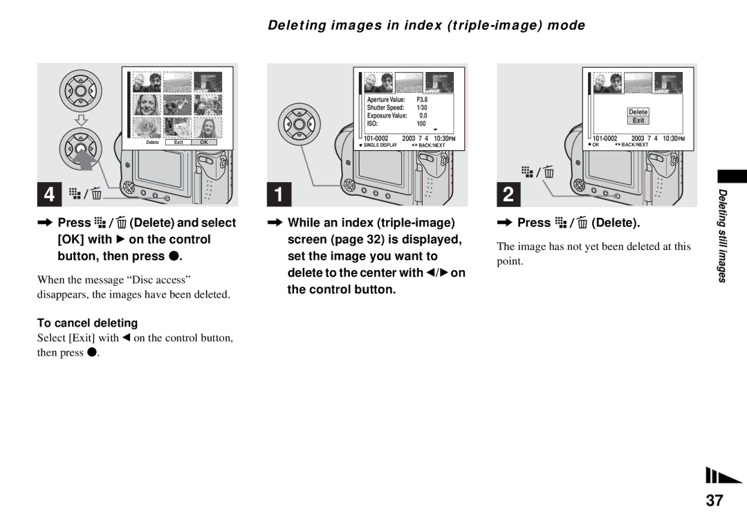 Sony MVC-CD350 Deleting images in index triple-image mode, Select Exit with b on the control button, then press z 