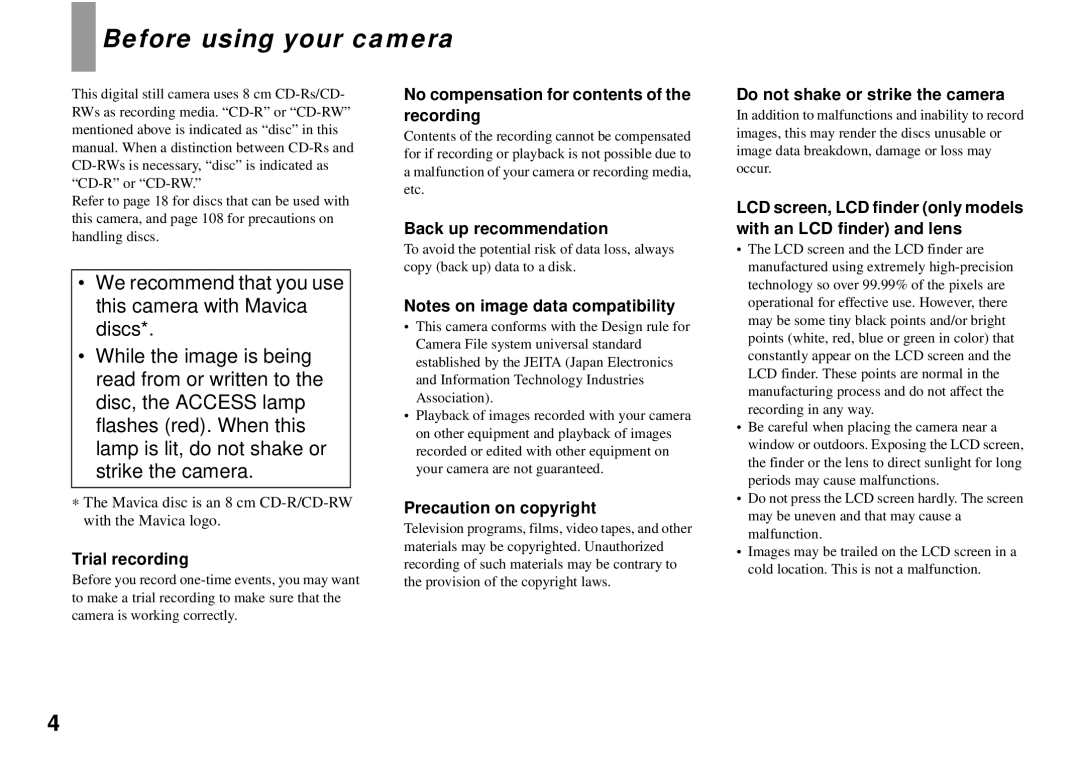 Sony MVC-CD350 operating instructions Before using your camera 