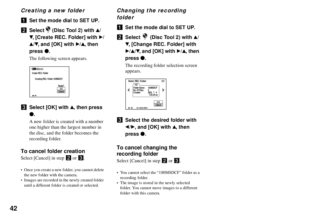 Sony MVC-CD350 operating instructions Creating a new folder, To cancel folder creation, Changing the recording folder 