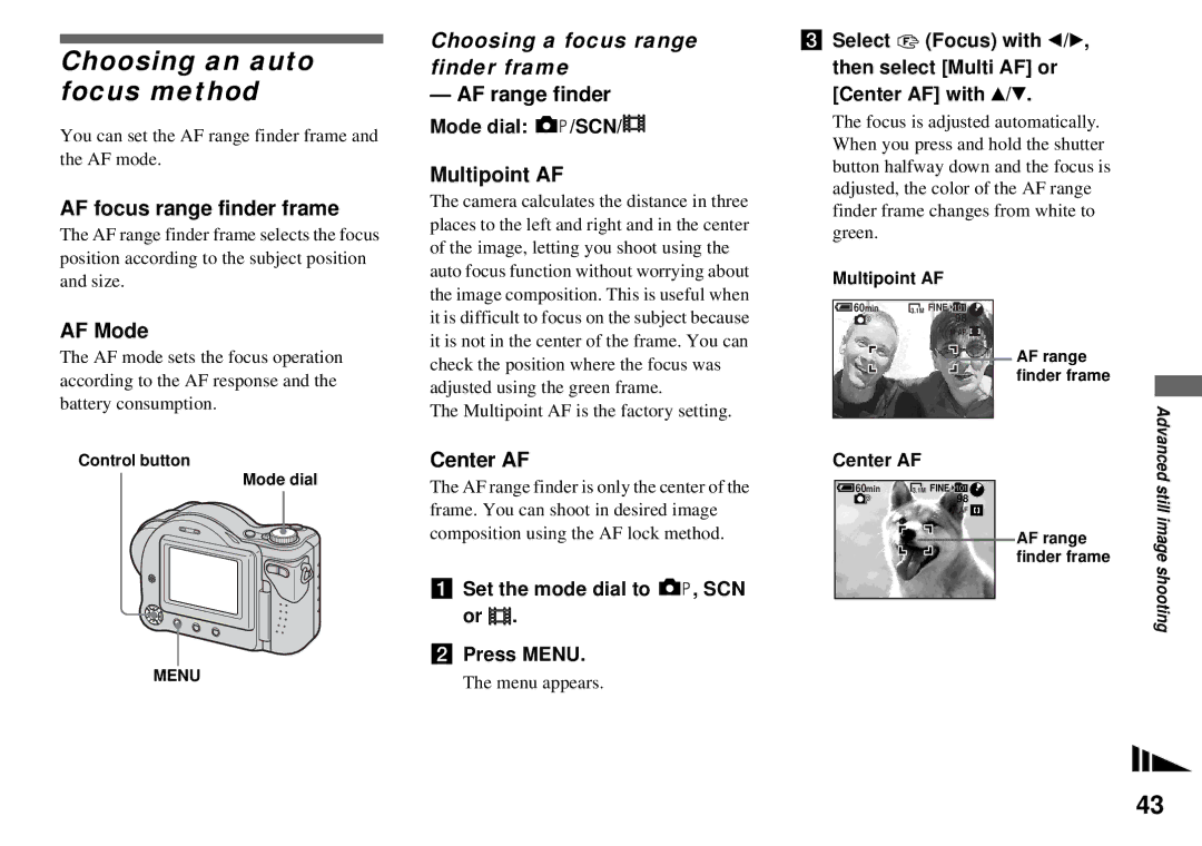 Sony MVC-CD350 operating instructions Choosing an auto focus method, Choosing a focus range finder frame 