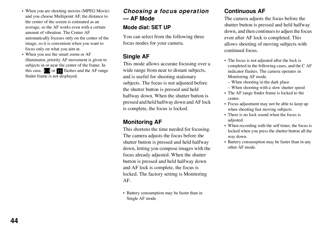 Sony MVC-CD350 operating instructions Choosing a focus operation, Single AF, Monitoring AF, Continuous AF 