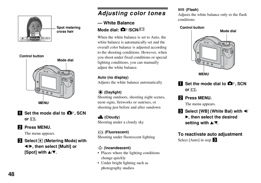 Sony MVC-CD350 operating instructions Adjusting color tones, White Balance, To reactivate auto adjustment 