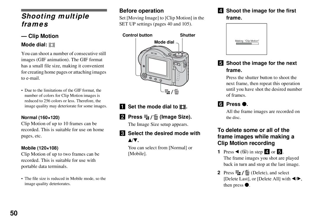 Sony MVC-CD350 operating instructions Shooting multiple frames, Clip Motion, Before operation 