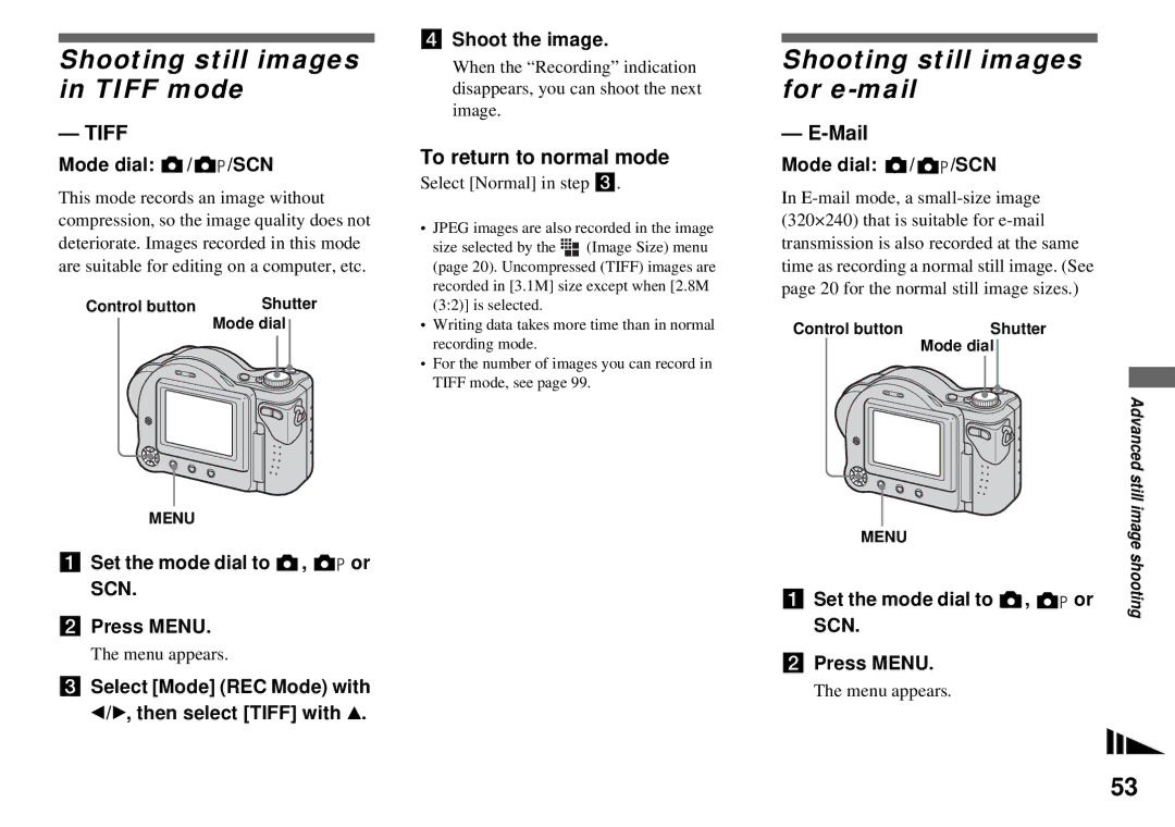 Sony MVC-CD350 operating instructions Shooting still images in Tiff mode, Shooting still images for e-mail, Mail 