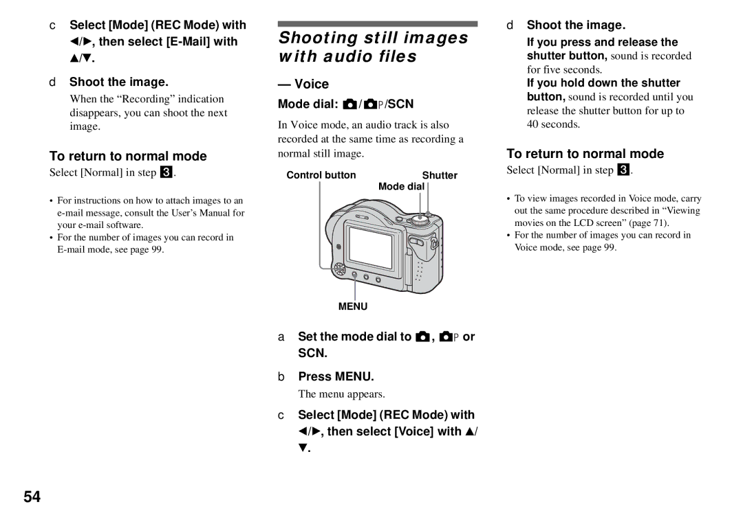 Sony MVC-CD350 Shooting still images with audio files, Select Mode REC Mode with b/B, then select Voice with 