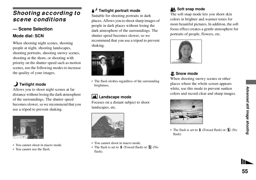 Sony MVC-CD350 operating instructions Shooting according to scene conditions, Scene Selection 