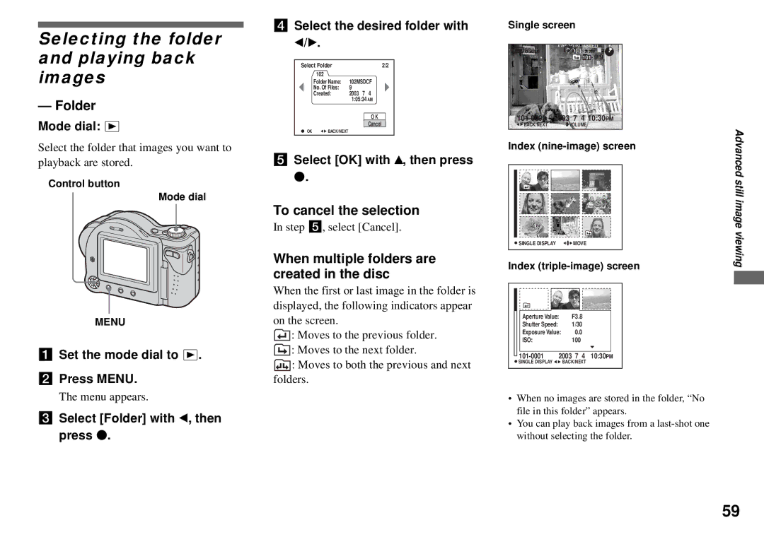 Sony MVC-CD350 operating instructions Selecting the folder and playing back images, Folder, To cancel the selection 