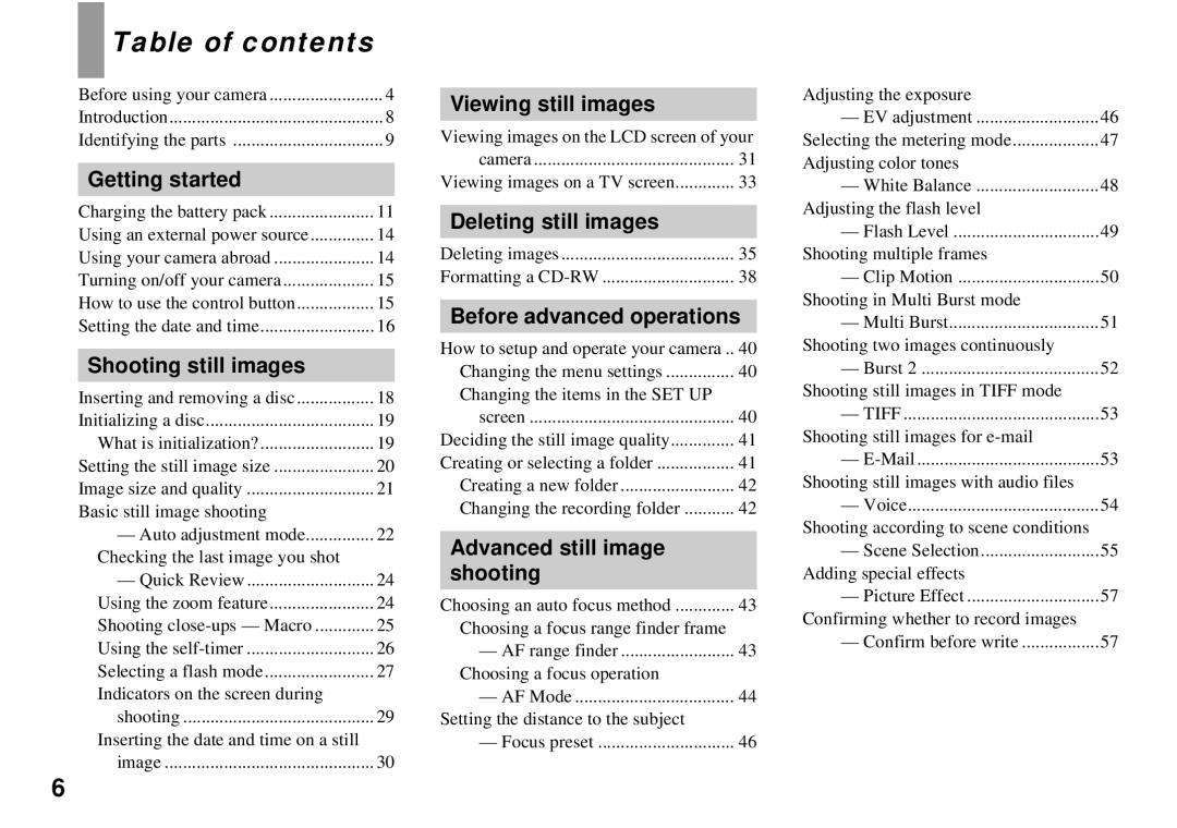 Sony MVC-CD350 operating instructions Table of contents 