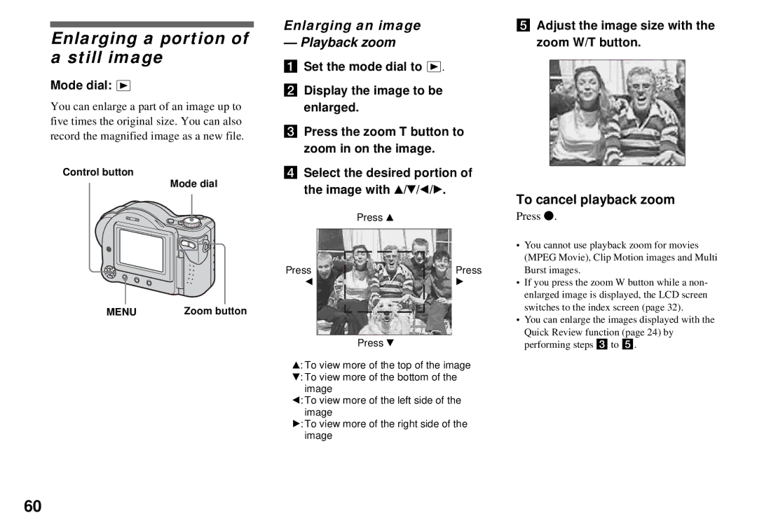 Sony MVC-CD350 Enlarging a portion of a still image, Enlarging an image Playback zoom, To cancel playback zoom, Press z 