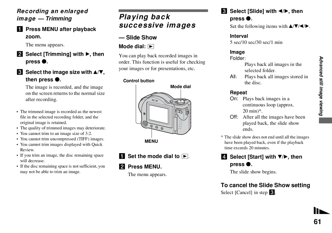 Sony MVC-CD350 operating instructions Playing back successive images, Recording an enlarged Image Trimming, Slide Show 