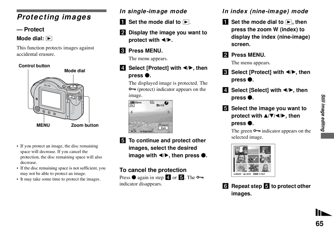 Sony MVC-CD350 operating instructions Protecting images, Single-image mode, Index nine-image mode, To cancel the protection 