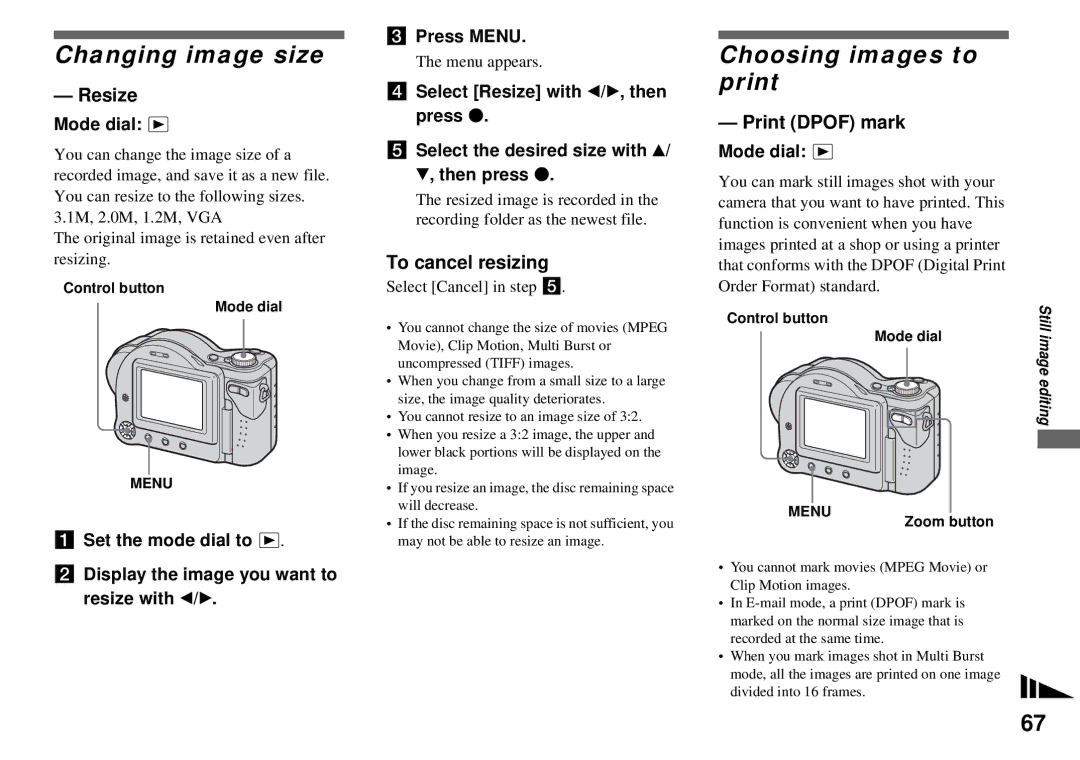 Sony MVC-CD350 Changing image size, Choosing images to print, Resize, To cancel resizing, Print Dpof mark 