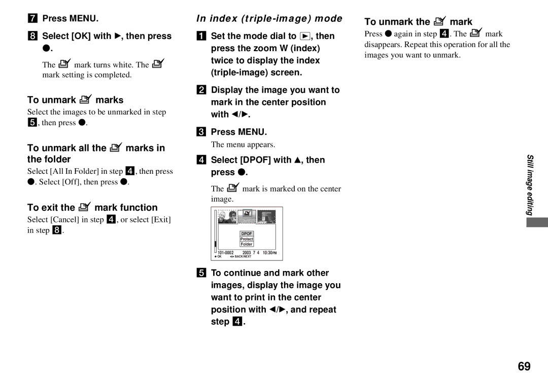 Sony MVC-CD350 To unmark marks, To unmark all the marks in the folder, To exit the mark function, Select Dpof with v, then 