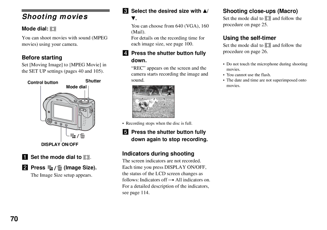 Sony MVC-CD350 Shooting movies, Before starting, Indicators during shooting, Shooting close-ups Macro 