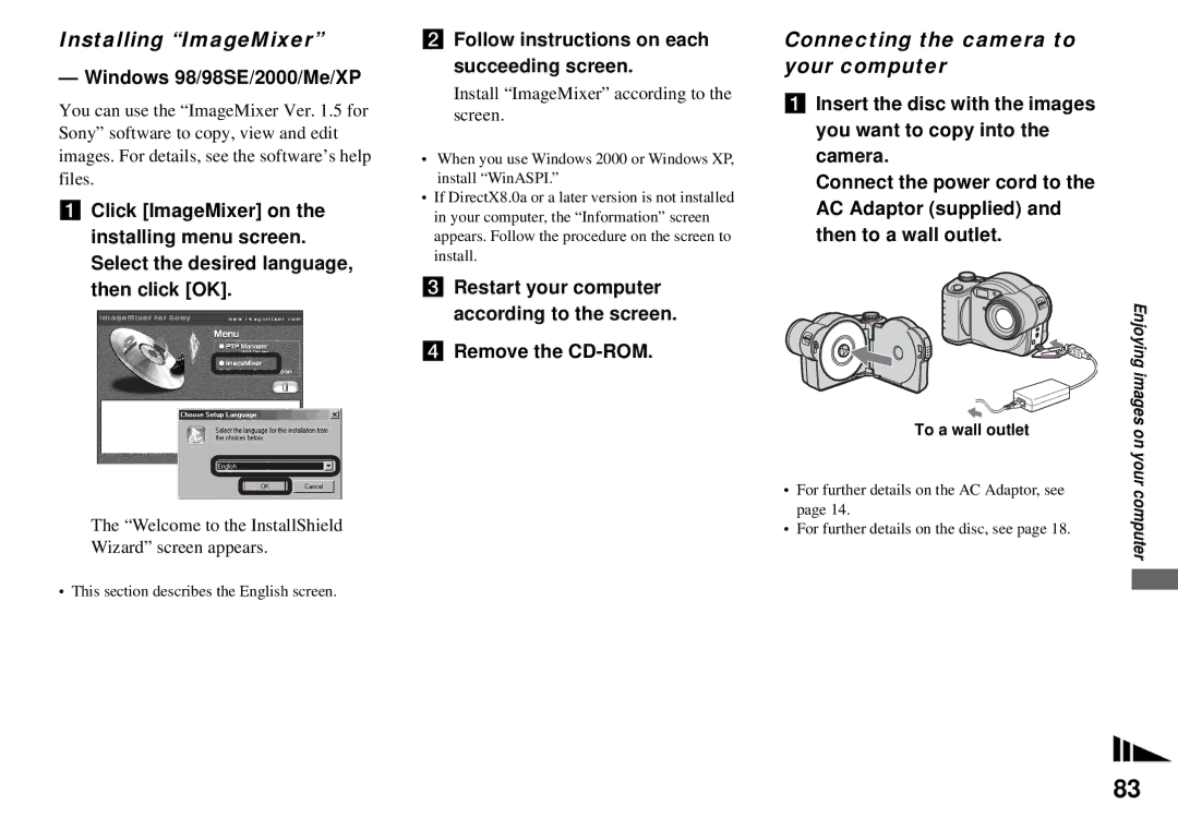 Sony MVC-CD350 Installing ImageMixer, Connecting the camera to your computer, Windows 98/98SE/2000/Me/XP 