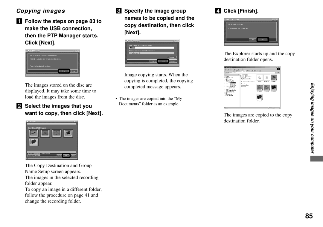 Sony MVC-CD350 operating instructions Copying images, Select the images that you want to copy, then click Next 