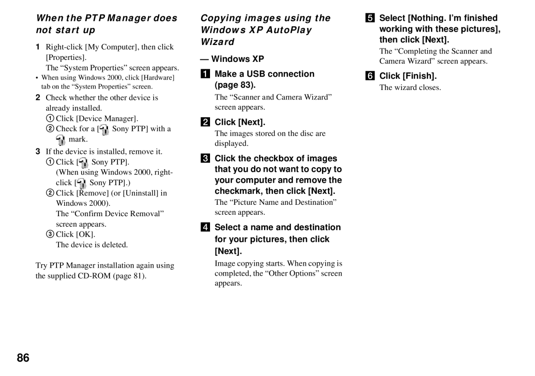 Sony MVC-CD350 When the PTP Manager does not start up, Copying images using the Windows XP AutoPlay Wizard 