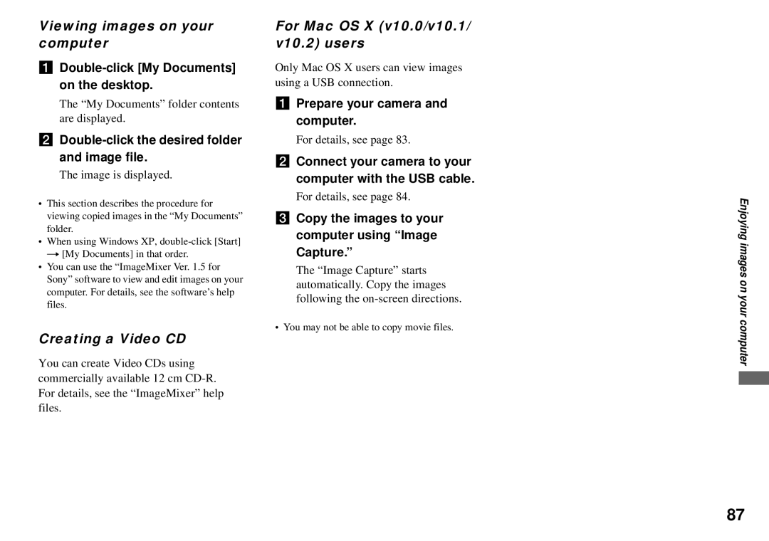 Sony MVC-CD350 Viewing images on your computer, Creating a Video CD, For Mac OS X v10.0/v10.1/ v10.2 users 