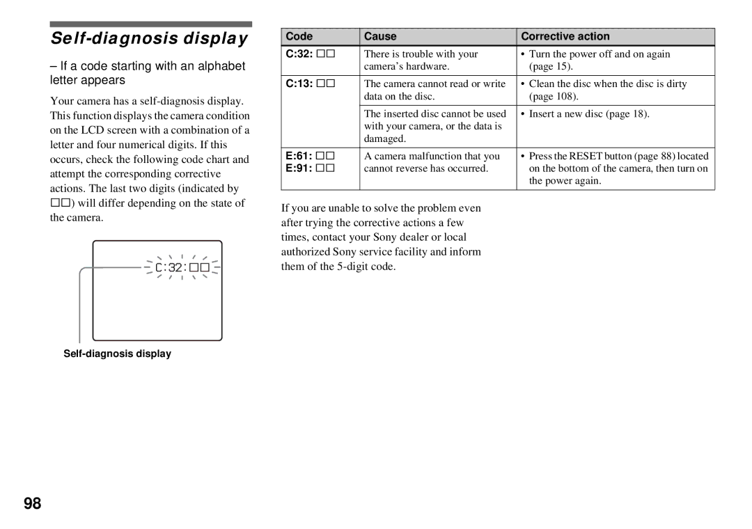 Sony MVC-CD350 operating instructions Self-diagnosis display, Code Cause Corrective action C32 ss, C13 ss, E61 ss, E91 ss 