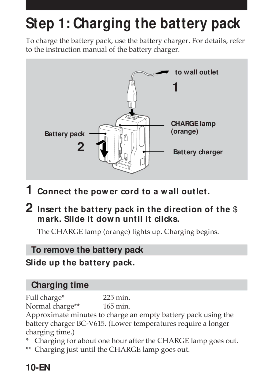 Sony MVC-FD5 Charging the battery pack, To remove the battery pack, Charging time, 10-EN, Slide up the battery pack 