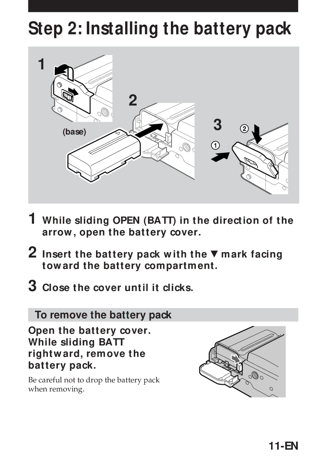 Sony MVC-FD5 operating instructions Installing the battery pack, 11-EN 