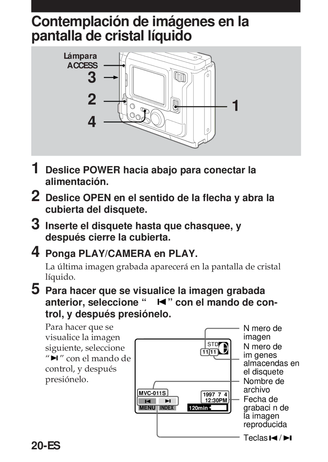 Sony MVC-FD5 operating instructions Contemplación de imágenes en la pantalla de cristal líquido, 20-ES 