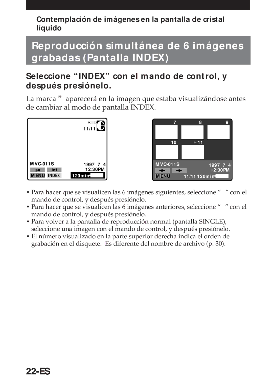 Sony MVC-FD5 operating instructions 22-ES, Contemplación de imágenes en la pantalla de cristal líquido 