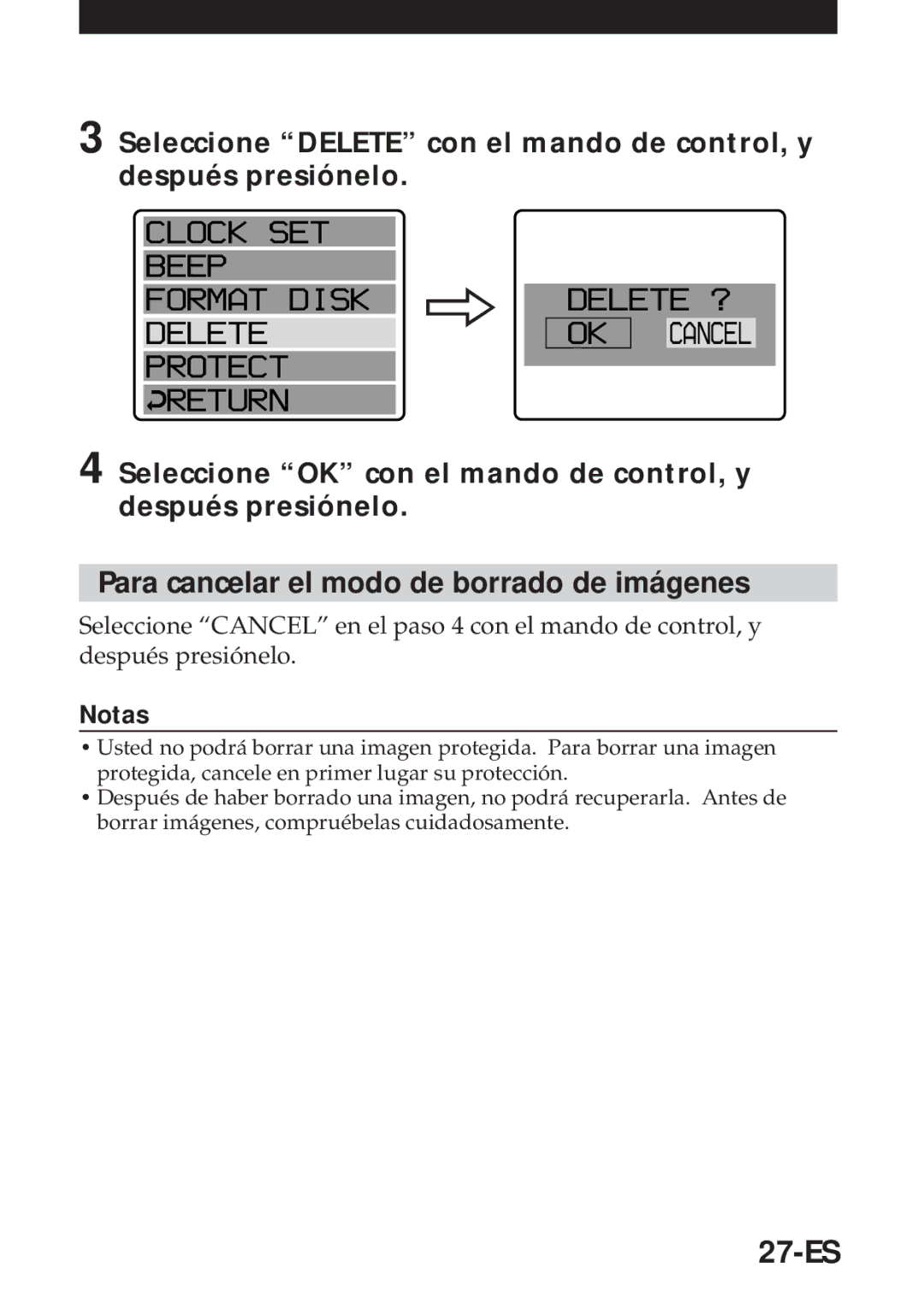 Sony MVC-FD5 operating instructions Para cancelar el modo de borrado de imágenes, 27-ES 