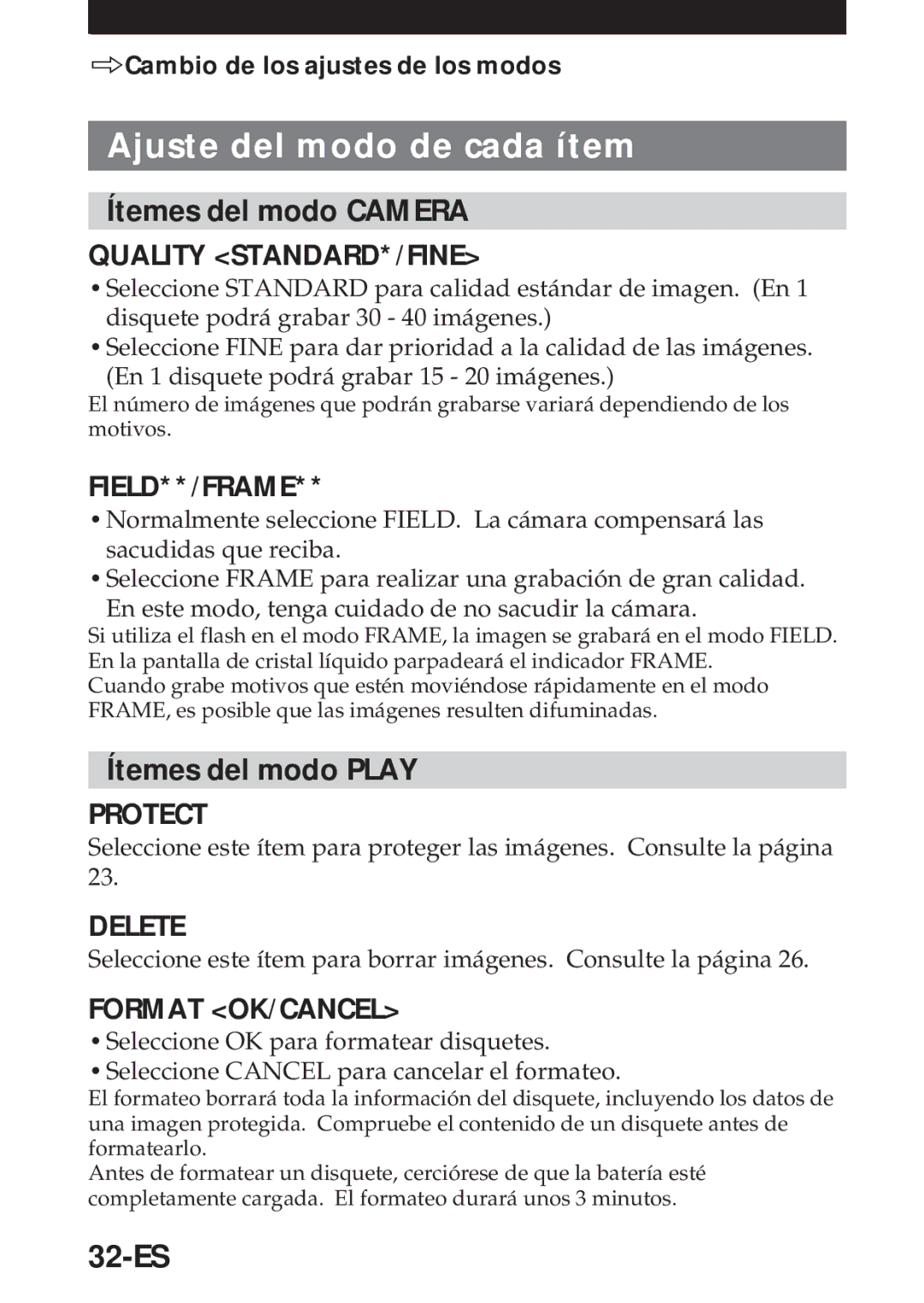 Sony MVC-FD5 operating instructions Ajuste del modo de cada ítem, Ítemes del modo Camera, Ítemes del modo Play, 32-ES 