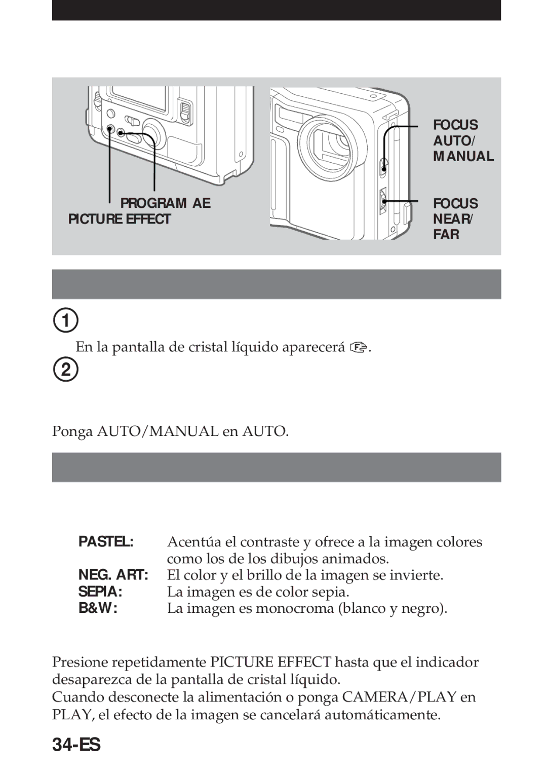 Sony MVC-FD5 operating instructions Enfoque manual, Disfrute de efectos de imagen, 34-ES, Ponga AUTO/MANUAL en Manual 