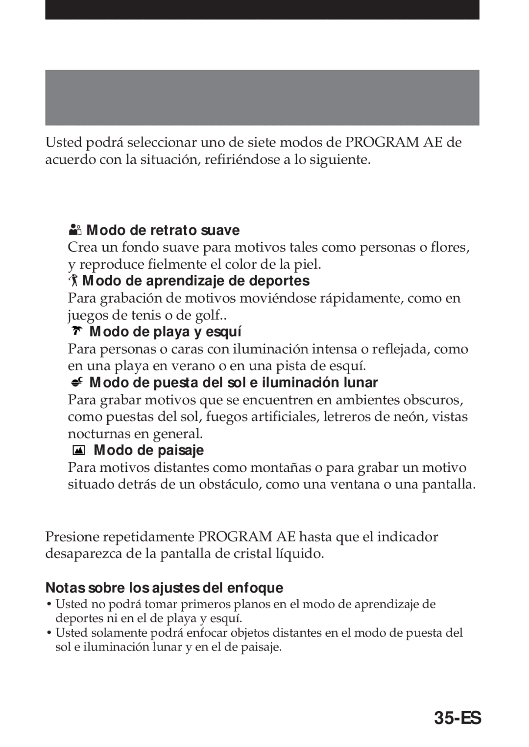 Sony MVC-FD5 operating instructions 35-ES, Para cancelar el Program AE 